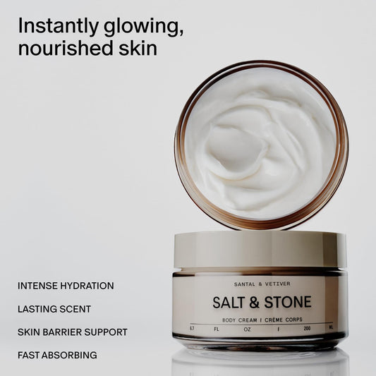 Salt & Stone Body Cream | Hydrating Formula with Seaweed Extracts, Spirulina & Squalane | Deep Hydration, Skin Barrier Support & Healthy Glow | For all Skin Types | Santal & Vetiver 6.7 fl oz
