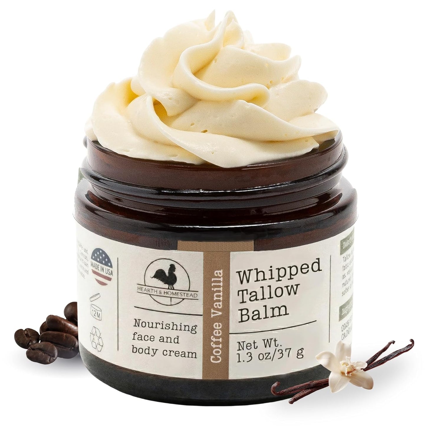 Hearth and Homestead: Handmade Whipped Tallow Balm (Coffee Vanilla) - Organic Body Butter with Infused Olive Oil - 1.3 oz …
