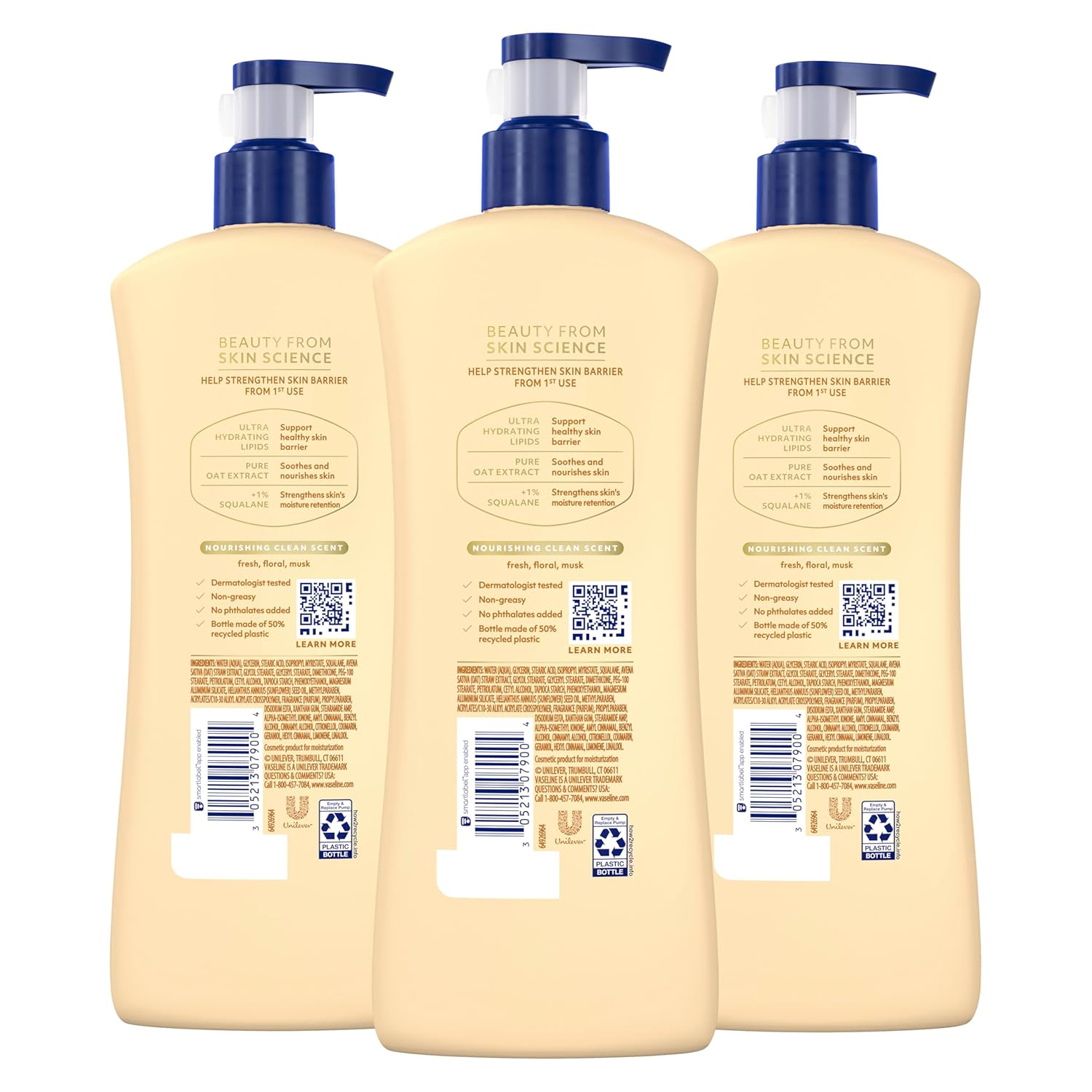Vaseline Intensive Care Nourishing Moisture Body Lotion 3 Pk Made with Ultra-Hydrating Lipids + Pure Oat Extract for Dry Skin, for Nourished, Healthy-Looking Skin 20.3 oz